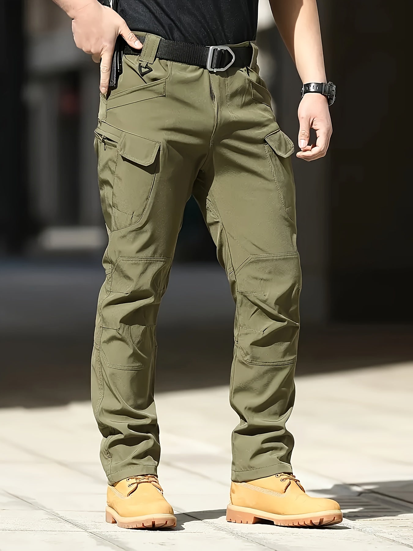 Herrearbeidsbukser med høy slitestyrke | Stretch cargobukser med verktøylommer og forsterkede knær