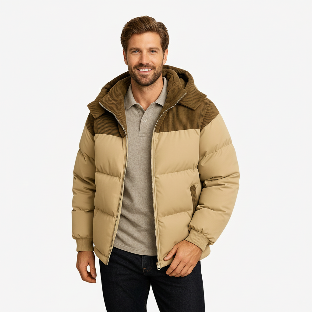 Men’s Quilted Puffer Jacket with Corduroy Hood – Warm Winter Coat for Men