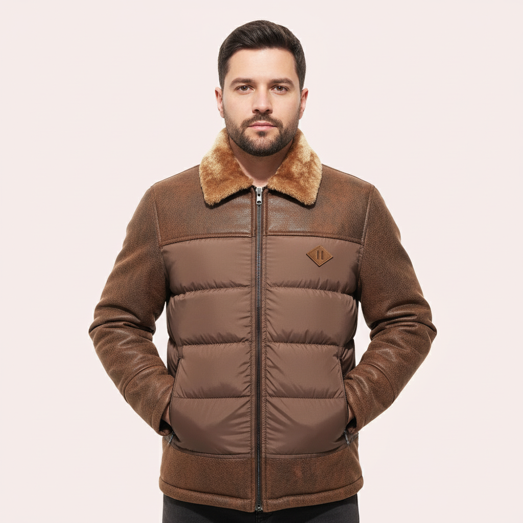 Menns quiltede jakke foran med detaljer i kunstskinn