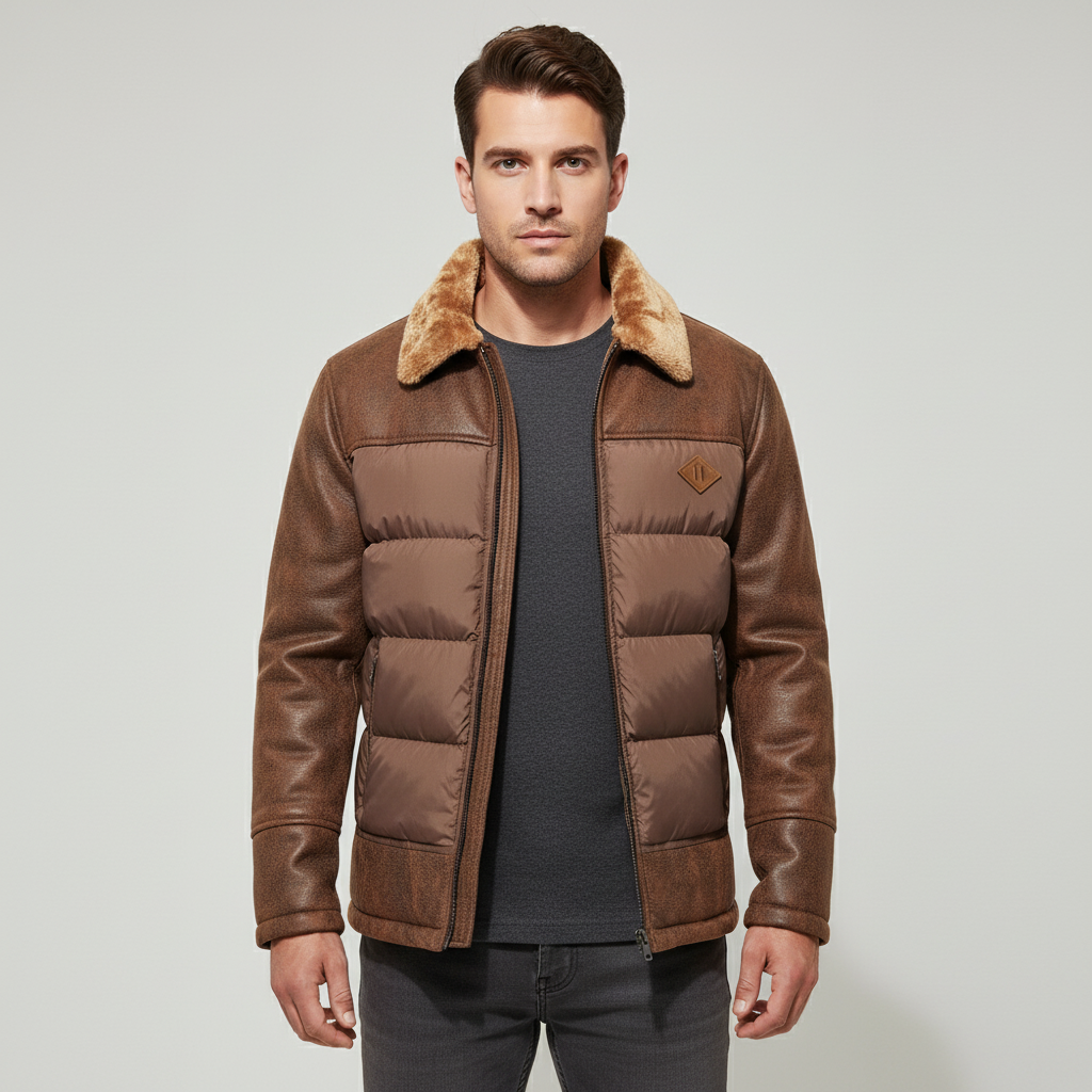 Menns quiltede jakke foran med detaljer i kunstskinn