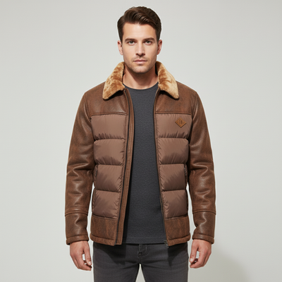 Menns quiltede jakke foran med detaljer i kunstskinn