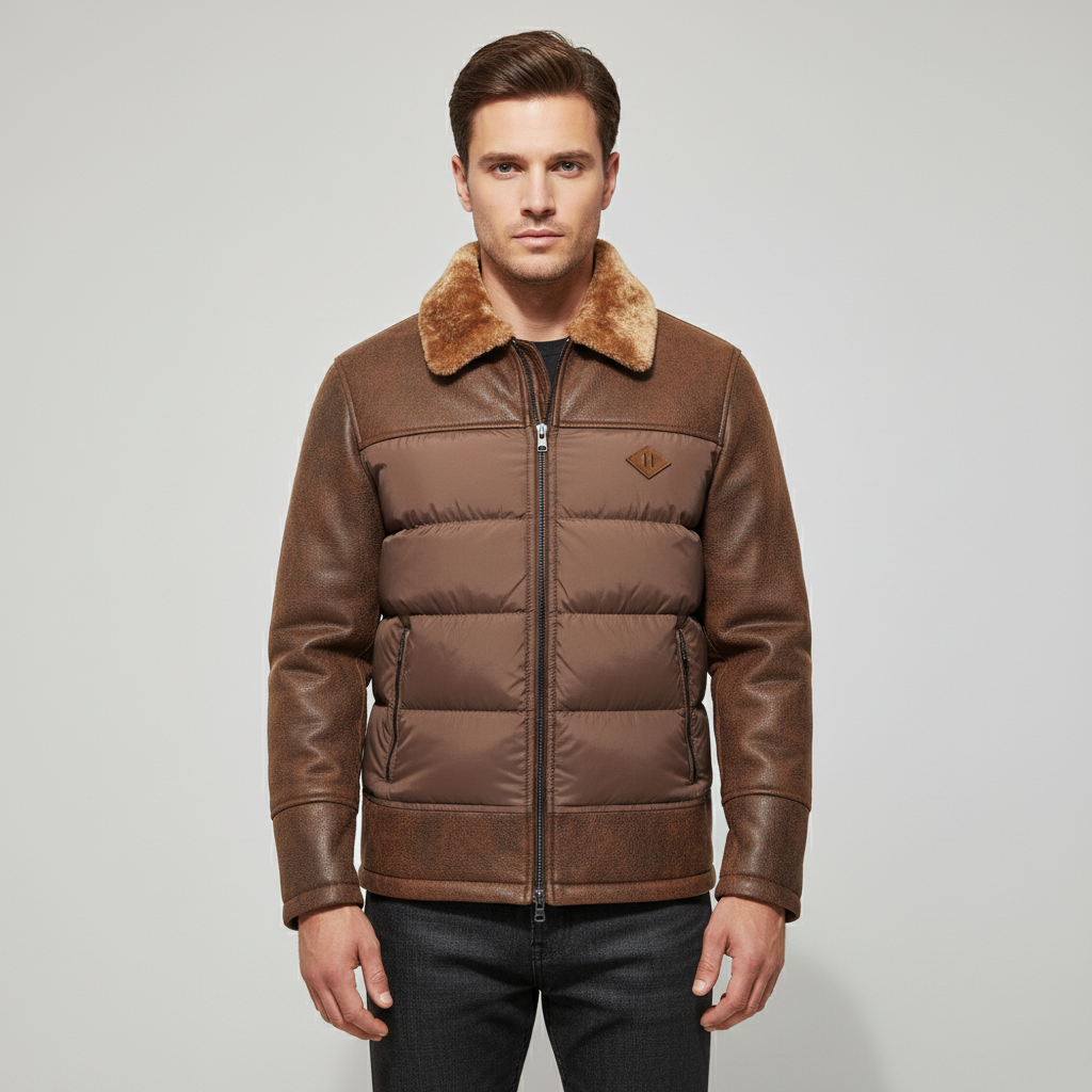 Menns quiltede jakke foran med detaljer i kunstskinn