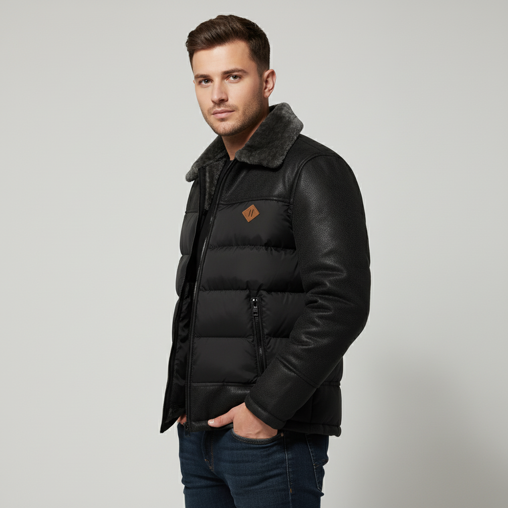 Menns quiltede jakke foran med detaljer i kunstskinn