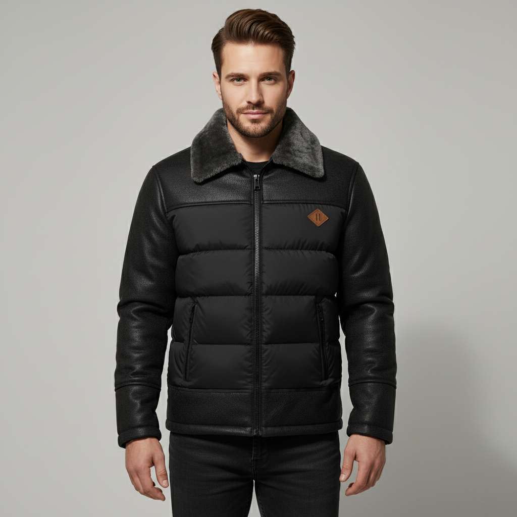 Menns quiltede jakke foran med detaljer i kunstskinn