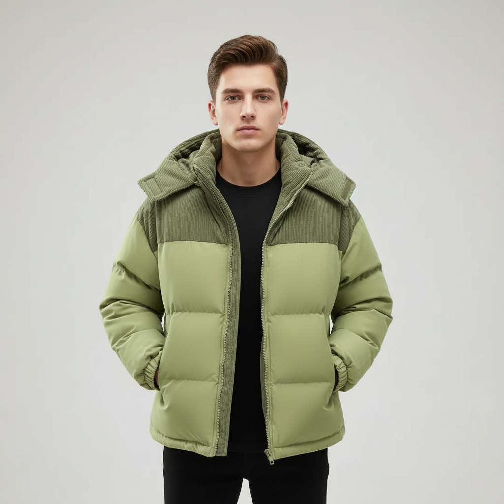 Men’s Quilted Puffer Jacket with Corduroy Hood – Warm Winter Coat for Men