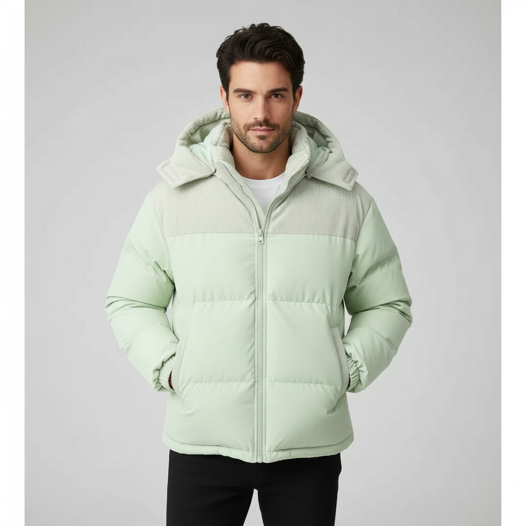 Men’s Quilted Puffer Jacket with Corduroy Hood – Warm Winter Coat for Men